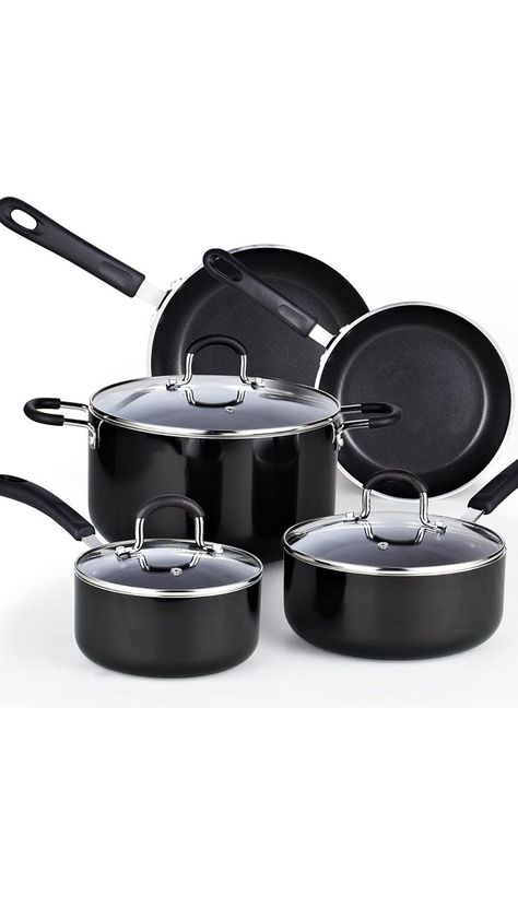 Black Utensils, Apartment Necessities, Kitchenware Set, Kitchen Cookware Sets, Gadgets Home, Nonstick Cookware Sets, Electronic Appliances, Door Design Interior, Black Home