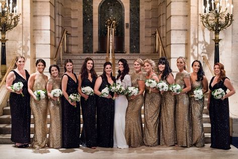 Roaring 20's wedding black + gold bridesmaid dresses at Palmer House in Chicago, Illinois. Brought to life by Florist- Stemline Creative, Planner- Citygirl Weddings and Photographer- Kent Drake. Black Ivory And Gold Wedding Bridesmaid Dresses, Bridesmaid Dresses Black And Gold, Gatsby Wedding Bridesmaids Dresses, Winter Wedding Bridesmaid Dresses Black, Black Gold Bridesmaid Dresses, Black And Gold Bridal Party Attire, Black And Gold Wedding Theme Bridesmaid Dresses, Black And Gold Bridesmaids, Gold And Black Bridal Party