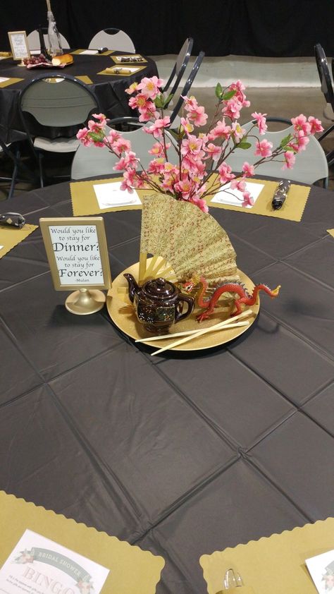 Disney Theme Bridal Shower Mulan "Would You Like to Stay for Dinner? Would You Like to Stay Forever?" Disney Wedding Decorations, Bridal Dinner, Disney Centerpieces, Disney Wedding Centerpieces, Disney Sweet 16, Disney Prom, Wedding Disney, Cherry Blossom Theme, Chinese Theme