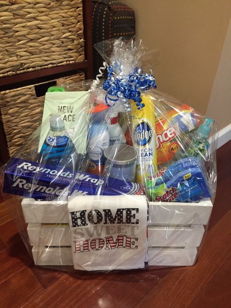 Housewarming Gift Basket - full of every day household items Creative Housewarming Gift Ideas, Themed Gift Baskets For Women Unique, Housewarming Bathroom Gift Basket, Good Raffle Basket Ideas, Diy Gift Baskets For Couples, Gift Basket Ideas For Prizes, Cleaning Product Gift Basket, Stag And Doe Gift Baskets Raffle Ideas, House Warming Cleaning Gift Basket