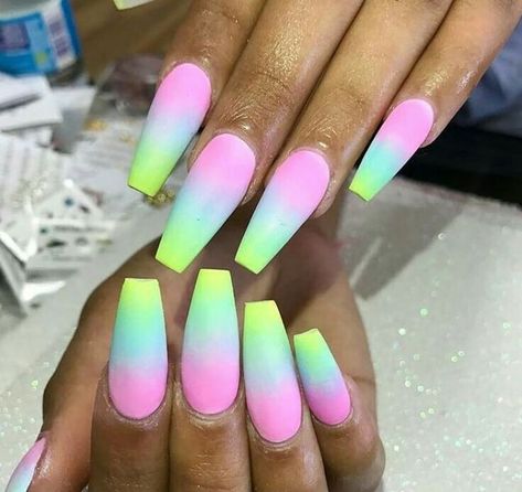 ✨go follow my insta:@s.elfcaree & @lonijaay❤️ Summer Acrylic Nails Coffin, Nails Coffin Ombre, Acrylic Nails Coffin Ombre, Coffin Ombre, Longer Nails, Ombre Nail Art Designs, Gel Nails At Home, Long Acrylic Nail Designs, Ombre Acrylic Nails