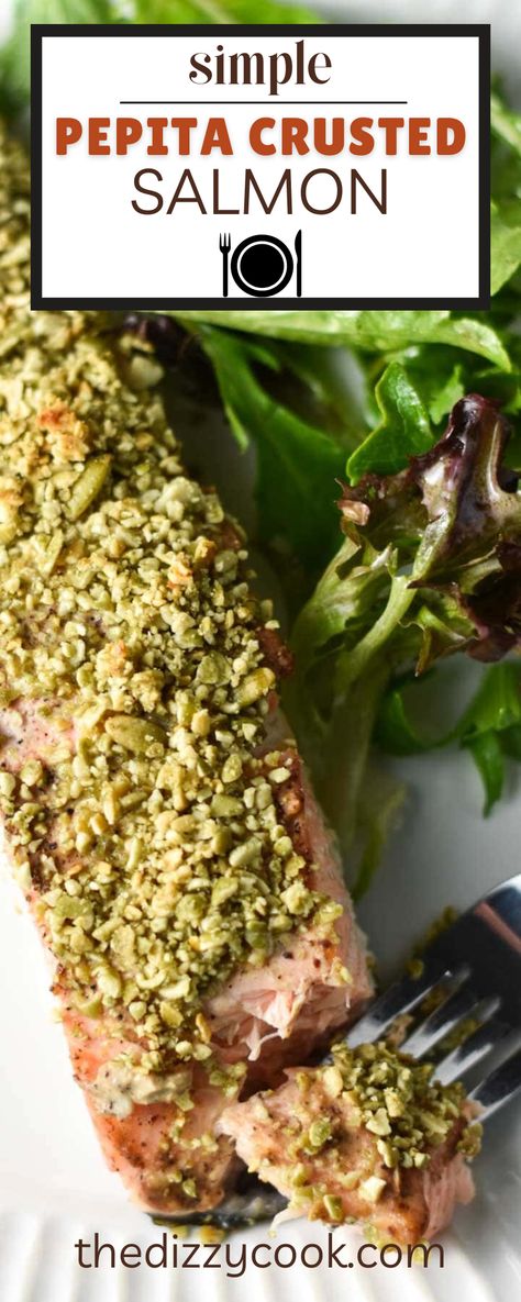 This pepita crusted salmon recipe is fast and easy with minimal ingredients. Fresh salmon fillet is topped with dijon mustard, and coated in crushed pumpkin seeds for a delicious healthy salmon salmon! Baked crusted salmon is the perfect alternative for those who cannot use pecans or nuts, but still packs a ton of flavor. This recipe is so quick and easy, it's perfect for a weeknight meal. Headache Diet, Dizzy Cook, Crusted Salmon Recipes, Migraine Diet, Diet Inspiration, Healthy Salmon, Crusted Salmon, Morning Sickness, Entree Recipes