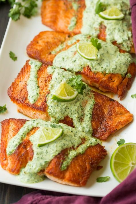 Creamy Cilantro Lime Sauce, Cilantro Lime Salmon, Seared Salmon Recipes, Sauce For Salmon, Garlic Butter Salmon, Cilantro Lime Sauce, Lime Salmon, Butter Salmon, Cilantro Sauce