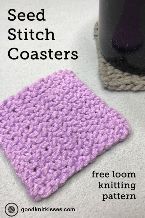 Easy Seed Stitch Coasters for Beginners! Free loom knit pattern with tutorial video #goodknitkisses #loomknit #loomknitting #freeloomknitpattern #learntoloomknit Loom Knitting Coasters, Free Loom Knitting Patterns Projects, Knit Coasters Free Pattern, Free Loom Patterns, Loom Knitting Patterns For Beginners, Easy Loom Knitting Projects, Knitting Coasters, Knit Coasters, Loom Knitting Patterns Free