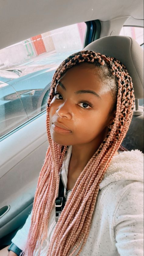 Youthful brown skinned girl with long pink braids looking openly at the camera Rose Gold Knotless Braids, Rose Gold Braids Black Women, Rose Gold Box Braids, Rose Gold Braids, Pink Hair Braids, Pink Braids Black Women, Trending Hairstyles For Black Women, Burgundy And Pink Hair, Box Braids Pink