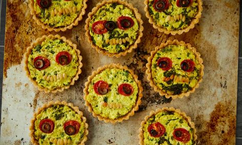 Kim-Joy’s recipe for vegan onion, broccoli and tomato quiche tartlets | Food | The Guardian Quiche Tartlets, Kim Joy, British Bake Off Recipes, Tomato Quiche, Onion Quiche, Vegan Quiche, Great British Baking Show, British Baking Show, Vegan Pastries