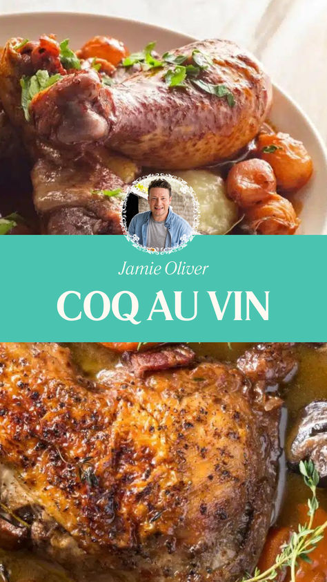 Jamie Oliver Coq Au Vin Julia Child Coq Au Vin, Cow Au Vin Slow Cooker, Coq Au Vin Recipe Slow Cooker, Cow Au Vin Recipe, Coq Au Vin Slow Cooker, French Dinner Parties, Coq Au Vin Recipe, White Wine Chicken, Wine Chicken