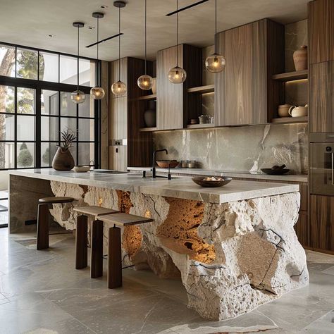 Rock Sink, Modern Organic Kitchen, Best Greige Paint, Best Greige, Island Lighting Ideas, Trendy Kitchen Design, Modern Kitchen Pendants, Stone Kitchen Island, Organic Modern Kitchen