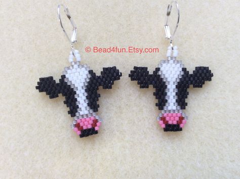 Seed Beaded Earrings, Name: “Holstein Cows” Holstein Cow Earrings, Cowgirl, Country Western, American Made, Western Style, Dairy, Cows by Bead4Fun on Etsy Brick Stitch Nightmare Before Christmas, Seed Bead Animal Patterns Free, Cow Print Beaded Earrings, Beaded Cow Earrings, Perler Beads Earrings, Seed Bead Charms, Stitch Cow, Beaded Cow, Farm Chic