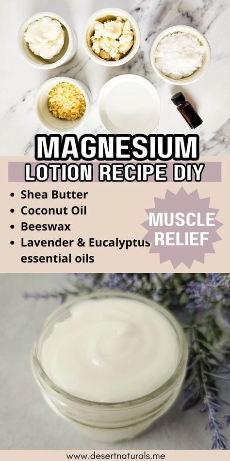 bowls of shea butter, beeswax, coconut oil and essential oils to make homemade diy magnesium lotion recipe for muscle relief Diy Magnesium Lotion, Magnesium Lotion Recipe, Homemade Lotion Recipe, Magnesium Cream, Room Spray Recipe, Sore Muscle Relief, Homemade Skincare, Sore Muscle, Magnesium Lotion