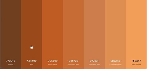 #Coolers #Russet 773C18, #Rust A34400, #Burnt Orange CC5500, #Chocolate Web D26720, #Chocolate Web D7793F, #Cadmium Orange EB8A43, #Deep Saffron FF9A47 Cadmium Orange, Color Analysis, Rust Orange, Warm Autumn, Girl Falling, Coolers, Autumn Day, Burnt Orange, Color Palette