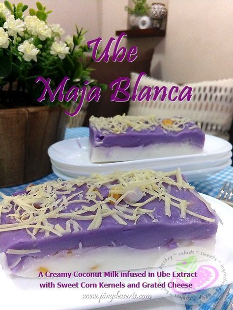 Maja Blanca is basically made with Coconut Milk, Sugar, Corn Starch, Sweet Corn Kernels, and to add a new flavor we infused it in Ube extract and to make it even more special we top it with grated cheese. Maha Blanca Recipe, Ube Maja Blanca Recipe, Maja Blanca Recipe, Ube Extract, Filipino Kakanin, Coconut Milk Pudding, Panlasang Pinoy Recipe, Filipino Dessert Recipes, Pinoy Recipe