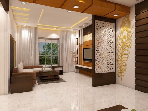 Newtown project: modern by creazione interiors,modern | homify Separate Rooms Without Walls, Wall Partition Design, Modern Room Divider, Indian Living Rooms, Indian Home Interior, Hall Interior Design, Ceiling Design Living Room, Hall Interior, Living Room Partition