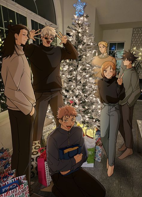 Jjk Christmas Fanart, Jujutsu Kaisen Christmas Wallpaper, Christmas Jujutsu Kaisen, Jujutsu Kaisen Christmas, Gojo Christmas, Jjk Group, Jjk Christmas, Manga Christmas, Anime 2023