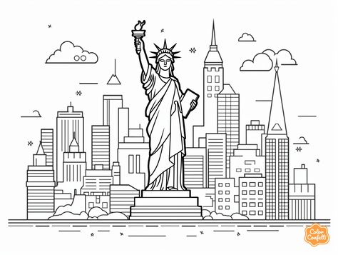 illustration of New York State symbols coloring New York Coloring Pages, Usa Landmarks, Skyline Drawing, Nyc Pics, Mandala Turtle, Coloring Page For Adults, State Symbols, State Quarters, Summer Program