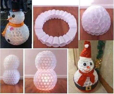 Christmas is coming and if you are looking for something different and easy to decorate your home.  Here’s a cool idea! You can build your own snowman in cheap and fun way. Click below link to the tutorial. Video –DIY Snowman with Plastic Cups Image via pinterest Plastic Cup Snowman, Plastic Cup Crafts, Ideas Decoracion Navidad, Diy Snowman Decorations, Diy Snowman Ornaments, Diy Schneemann, Simple Craft Ideas, Snowman Crafts Diy, 3d Quilling