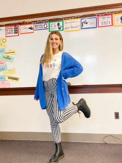 Teacher Outfits Doc Martens, Checkered Vans Teacher Outfit, Doc Martens Outfit Teacher, Doc Marten Teacher Outfit, Business Casual Doc Martens Outfit, Colourful Teacher Outfits, Thrifted Earrings, Plaid Pants Outfit, Martens Outfit