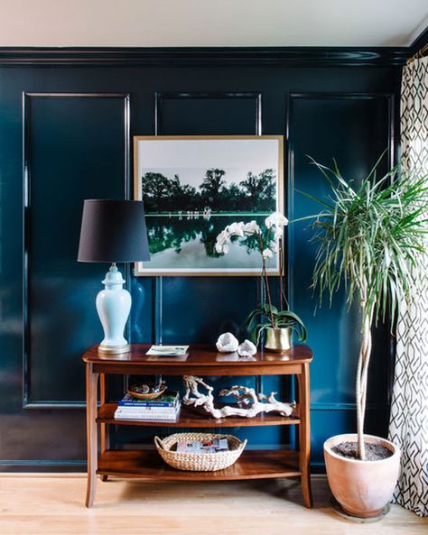 7 Beautifully Bold Blue Rooms | Alison Giese Interiors | Washington, DC Black Painted Stairs, Glass Upper Cabinets, Upholstered Banquette, Chippendale Chairs, Frame Molding, Blue Dining Chair, Family Room Walls, Big Personality, Beige Living Rooms