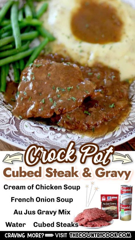 Cubed Steak With Gravy, Crock Pot Cubed Steak, Cubed Steak And Gravy, Steak And Gravy Recipe, Cube Steak Crock Pot Recipes, Crockpot Steak Recipes, Steak With Gravy, Cube Steak And Gravy, Steak And Gravy