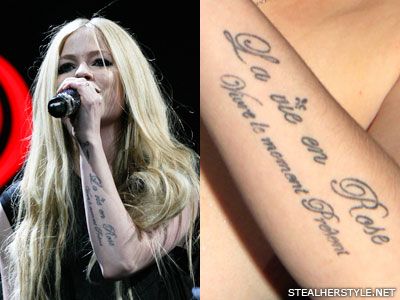 Avril Lavigne Fleur de Lis, French, Writing Forearm Tattoo | Steal Her Style