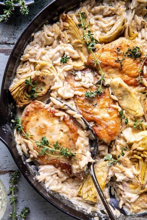 One Skillet Creamy Artichoke Chicken Marsala and Orzo | halfbakedharvest.com Creamy Artichoke Chicken, Fried Artichokes, Skinnyish Dish, Spring Flavors, Half Baked Harvest Recipes, Artichoke Chicken, Dish Ideas, Artichoke Recipes, One Skillet