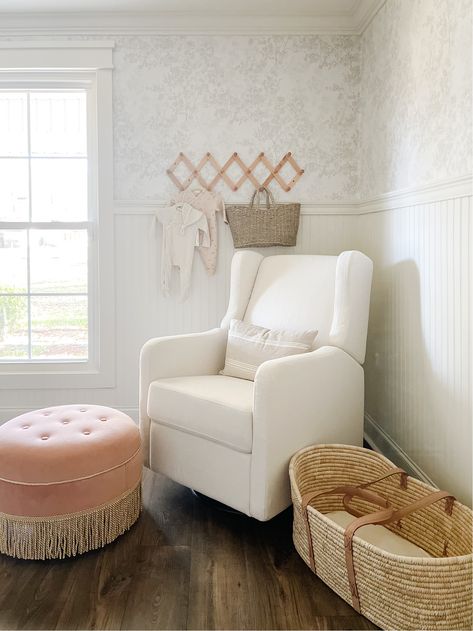 Nursery With Wainscoting And Wallpaper, Baskets In Nursery, Hanging Basket Nursery, Wallpaper And Beadboard Nursery, Beadboard Girls Bedroom, Studio Mcgee Nursery Ideas, Accessible Beige Nursery, Nursery With Beadboard, Beadboard Nursery Wall