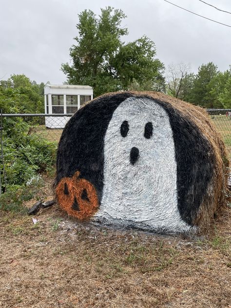 Fall Painted Round Hay Bales, Halloween Round Hay Bale Ideas, Hay Bale Art Round, Hay Halloween Decorations, Halloween Hay Bale Ideas, Halloween Hay Bale, Halloween Hay Bales, Hay Bale Decorating Ideas, Decorated Hay Bales