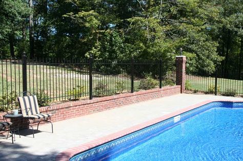 Brick Pillar Fence, Poolscaping Ideas, Fence Around Pool, Brick Pillars, Pool Fences, Fence And Gate, Courtyard Ideas, Fence Planters, Country Fences