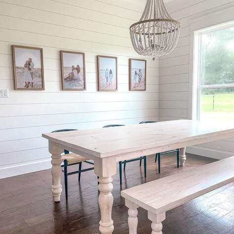 Shiplap wall- dining room wall near front entry and add 4 frames like this Shiplap Wall In Dining Room, Wainscoting Family Room, Shiplap In Dining Room, Dining Room Shiplap Wall, Dinning Room Addition, Shiplap Dining Room Wall, Shiplap Wall Dining Room, Wall Behind Dining Table, Shiplap Dining Room