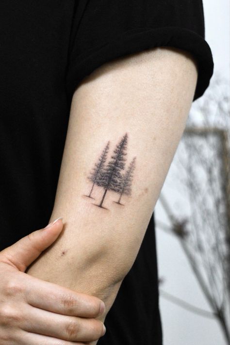 Tree Flash Tattoo, Pine Tree Tattoos For Women, Mountain Tree Tattoo, Character Tattoo Ideas, Pine Tattoo, Dainty Tattoo, Pine Tree Tattoo, Family Tattoo, Dainty Tattoos