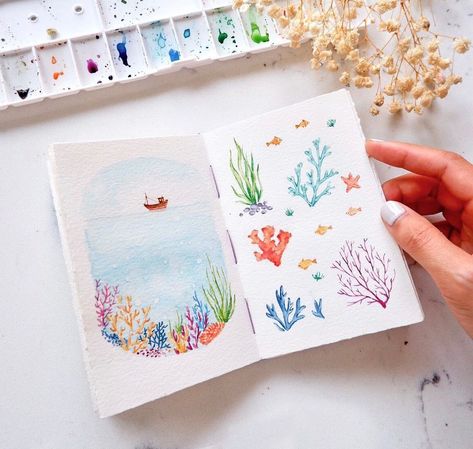 Lele Nguyen on Instagram: “More coral reef illustration. I will upload a video of painting these little things on my YouTube channel soon. Link in bio 😊 . . .…” Coral Reef Illustration, Reef Illustration, Watercolor Coral Reef, Coral Watercolor, Watercolor Paintings For Beginners, Watercolor Sketchbook, Watercolor Art Lessons, Watercolor Paintings Tutorials, Book Art Diy