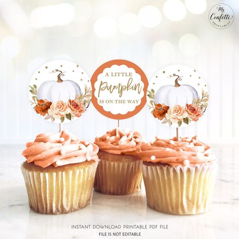 Fall Baby Shower Cake, Baby Shower Cake Toppers, Cupcake Toppers Template, First Birthday Cupcakes, Baby Bash, Baby Shower Cupcake Toppers, Pumpkin Birthday, Cupcake Toppers Printable, Shower Cupcakes