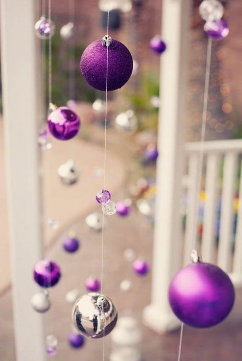 28 Charming Purple Christmas Decorations For Maximum Appeal | Decor Home Ideas Window Porch, Purple And Silver, Purple Christmas, Porch Christmas, Mantel Decor, Noel Christmas, Fishing Line, Christmas Deco, Outdoor Christmas