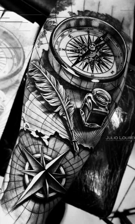 Sextant Tattoo, Ship Tattoo Sleeves, Compass And Map Tattoo, Compass Tattoo Men, Nautical Tattoo Sleeve, Egyptian Tattoo Sleeve, Nature Tattoo Sleeve, Lion Tattoo Sleeves, Octopus Tattoo Design