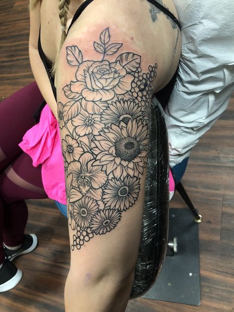 Floral sleeve 💕 #sunflowers #lilly #rose #gerberdasiy #floraltattoo #halfsleeve #linework #blackink #orchid #wildberries Tattoo Half Sleeve, Lilly Tattoo, Lillies Tattoo, Ink Therapy, Floral Sleeve, Future Ideas, Half Sleeve Tattoo, Flower Tattoos, Half Sleeve