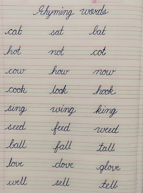 English Rhyming Words Worksheets
RHYMING WORDS
rhyming words for kids
what are rhyming words 
rhyming words in English 
three letter rhyming words
four letter rhyming words
cursive handwriting
rhyming words in Cursive handwriting 


Hello friends,
In this video we will write some rhyming words for kids in English with beautiful handwriting.

*Rhyming words*

cat-sat-bat

hot-not-cot

cow-how-now

cook-look-hook

sing-wing-king

seed-feed-weed

ball-fall-tall

love-dove-glove 

well-sell-tell Rhyming Words For Kids, English Cursive Writing, Kid Worksheets, Capital Cursive Letters, Nursery Worksheet, Capital Cursive, Cursive Writing Practice Sheets, Ceremony Outfit, 3 Letter Words