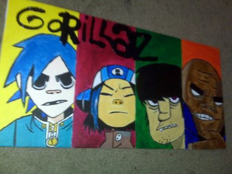 Gorillaz painting for a friends birthday By ginakinsart (on Instagram ) Gorillaz Painting, Paintings Art, Friends Birthday, Gorillaz, Friend Birthday, Art Work, Cute Drawings, Vault Boy, Canvas Painting