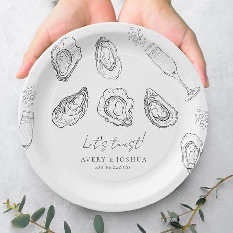 Drawn Champagne & Oysters Roast Engagement Party Paper Plates Champagne Oysters, Mermaid Valentine, Engagement Party Decor, Oyster Roast, Fav Products, Wedding Koozies, Dirty 30, Wedding Plates, Engagement Celebration