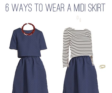 What to Wear: 1 Navy Midi Skirt, 6 Outfits Navy Blue Skirt Outfits Summer, Navy Blue Midi Skirt Outfit, Navy Midi Skirt Outfit, Navy Blue Skirt Outfits, Aline Skirt Outfit, Navy Skirt Outfit, Midi Rock Outfit, Blue Skirt Outfits, Navy Midi Skirt