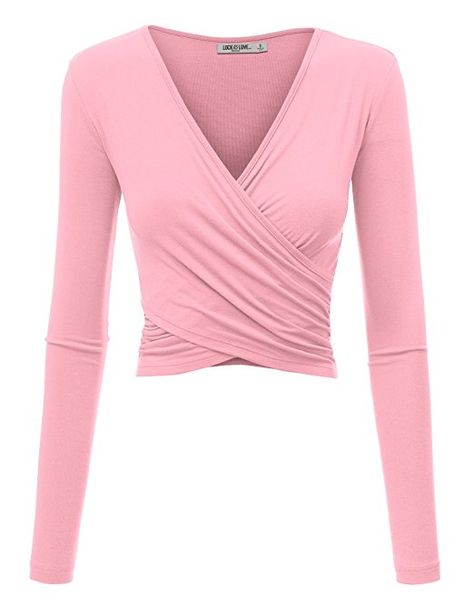 Cute School Fits, Pink Long Sleeve Crop Top, Light Pink Shirt, Light Pink Tops, Pink Long Sleeve Shirt, Wrap Crop Tops, Crop Top Shirts, Short Long, Long Sleeve Knit Tops