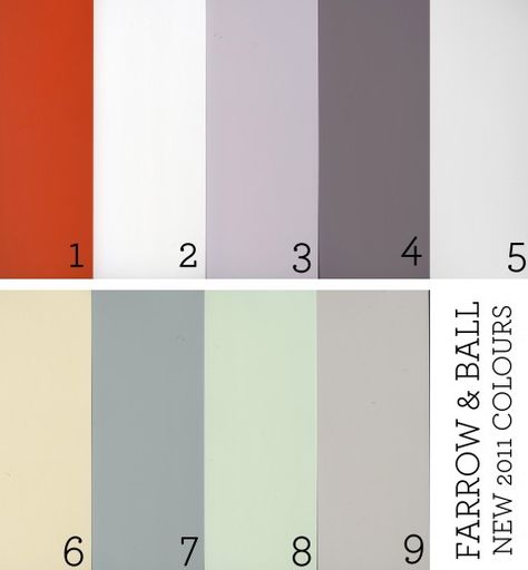 Farrow & Ball's New 2011 Paint Colors...Available February 1!    1: CHARLOTTE’S LOCKS (no.268)  2: CABBAGE WHITE (no.269)   3: CALLUNA (no.270)   4: BRASSICA (no.271)   5: DOVE TALE (no.267)   6: OXFORD STONE (no.264)  7: PLUMMETT (no.272)   8: MIZZLE (no.266)  9: MANOR HOUSE GRAY (no.265) Paint Charts, Orange Door, Brown Roof, Home Shopping, Farrow And Ball Paint, Farrow And Ball, Green Collection, Exterior Paint Colors, Farrow Ball