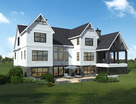 Another amazing design by Carrington Homes on the water at Geist! This Modern Farmhouse creation will feature an open floor plan taking advantage of the stunning views overlooking the lake! An amazing kitchen, light oak wire brushed hardwoods, rustic stained beams, shiplap, covered porch off kitchen/dining area with fireplace, TV and built in grill. One of the garage bays is 28 ft deep for boat storage. Walkout basement with bar and screen porch! #DreamHome #LakeLiving #ModernFarmhouse Modern Farmhouse Walkout Basement, Modern Farmhouse With Walkout Basement, Farmhouse Walkout Basement, Modern Walkout Basement, Porch Off Kitchen, Basement With Bar, Kitchen Design Layout Island, Modern Farmhouse Flooring, Custom Home Building