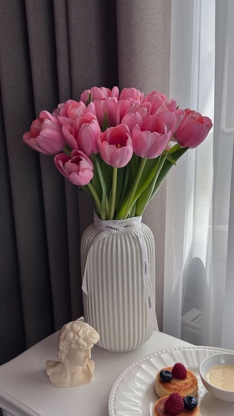 Tulips Vase Aesthetic, Pink Tulips In Vase, Boquette Flowers, Nothing But Flowers, Flower Therapy, Beautiful Bouquet Of Flowers, Pink Tulips, White Vases, Tulips Flowers