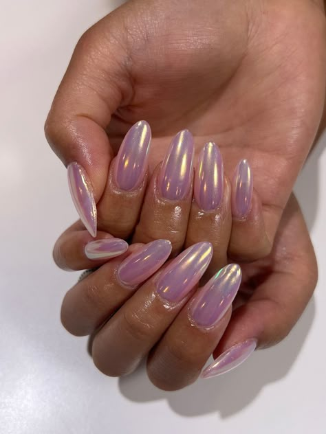 Unicorn Chrome Almond Nails, Acyrilics Nails Chrome, Arodesent Nails, Purple Jelly Chrome Nails, Medium Square Acrylic Nails Chrome, Iridescent Chrome French Tip Nails, Pink Chrome Nails Black Women, Mermaid Shimmer Nails, Silver Chrome Nails With Glitter