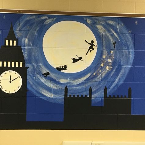 Peter Pan Mural for my classroom transformation. Follow me @theappyclass! Peter Pan Bulletin Board Ideas, Peter Pan Party Decor, Peter Pan Mural, Neverland Themed Room, Peter Pan Door Decorations Classroom, Peter Pan Artwork, Neverland Classroom Theme, Peter Pan Bulletin Board, Peter Pan Classroom