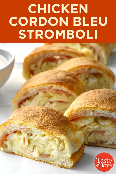 Chicken And Dough Recipes, Chicken Stromboli Recipe Easy, Chicken Cordon Bleu Stromboli, Stromboli Filling Ideas, Chicken Stromboli Recipe, Stromboli Ideas, Cordon Bleu Lasagna, Alfredo Sauce Homemade, Creamy Chicken Cordon Bleu