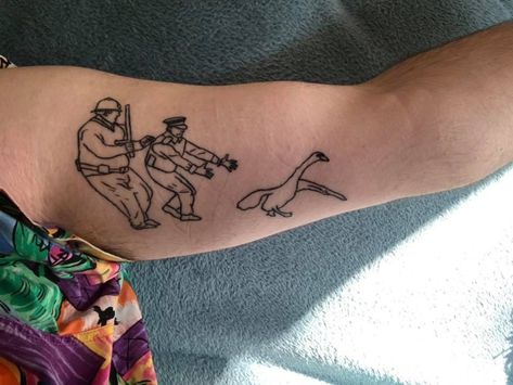 Hot Fuzz swan tattoo Hot Fuzz Tattoo, Swan Tattoo, Hot Fuzz, Flower Thigh Tattoos, Movie Tattoo, Greek Mythology Tattoos, Thigh Tattoos, Mythology Tattoos, Music Tattoos