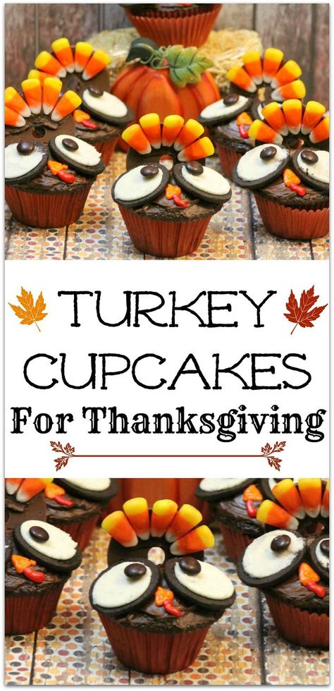 These adorable Turkey Cupcakes are the perfect dessert recipe for that Thanksgiving party at school! Cupcakes are my favorite dessert, and this recipe is pretty easy. Get the kids to help! Turkey Cupcakes, Thanksgiving Cupcakes, Thanksgiving Cakes, Kid Desserts, Thanksgiving Treats, Thanksgiving Fun, Thanksgiving Desserts, Holiday Cooking, Fall Desserts