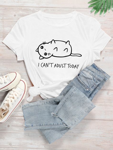 Cartoon And Slogan Graphic Tee for Sale Australia| New Collection Online| SHEIN Australia Cat Shirt Pattern, Fii Puternic, Slogan Graphic Tee, Slogan Tees, Cute Shirt Designs, The Cartoon, Latest T Shirt, Tee Shirt Designs, Graphic Logo