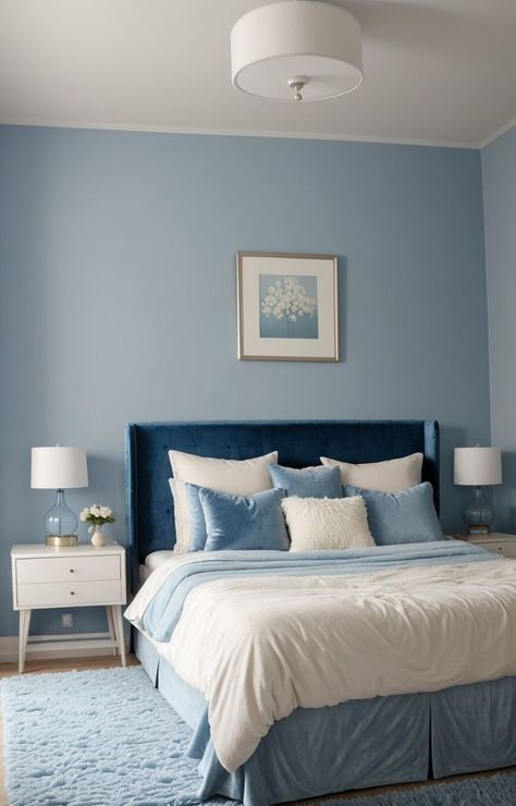 Bedroom Color Combinations Paint, Cute Blue Aesthetic, Baby Blue Bedrooms, Sleek Bedroom, Blue And Cream Bedroom, Light Blue Rooms, Light Blue Bedroom, Blue Bedroom Walls, Room Color Combination